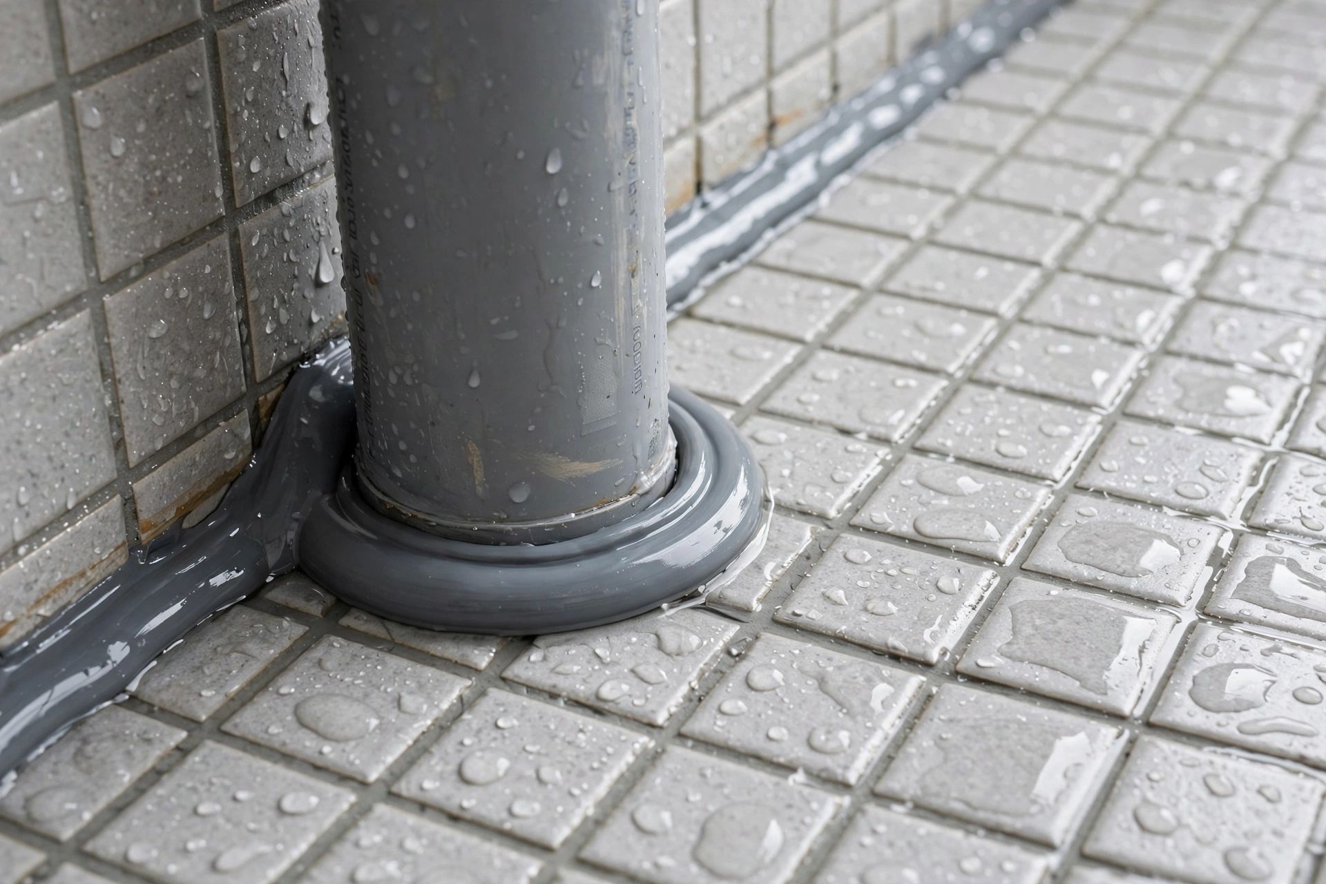 Close-up of a wet-area floor edge being sealed around a pipe penetration, showing a neat perimeter finish and no exposed gaps