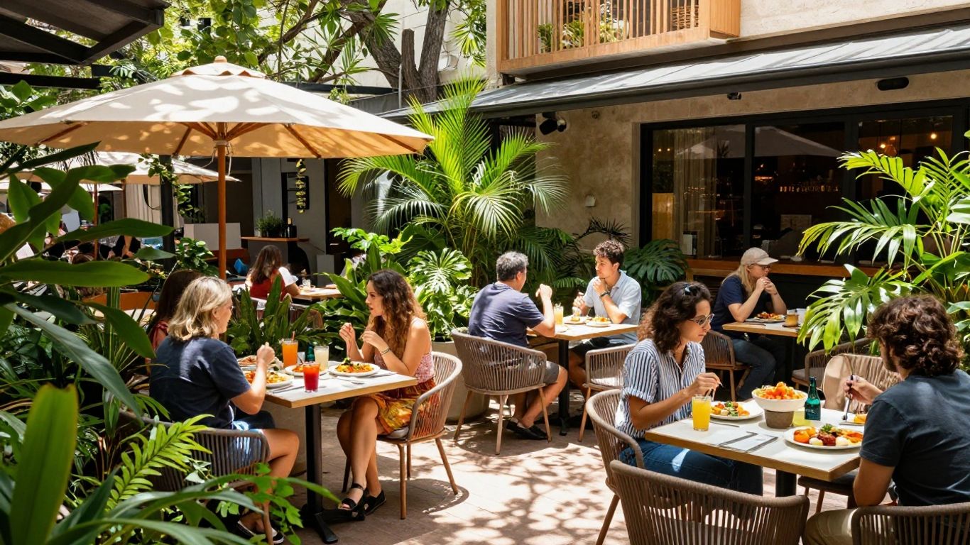 Comedor Austin outdoor patio with food and drinks