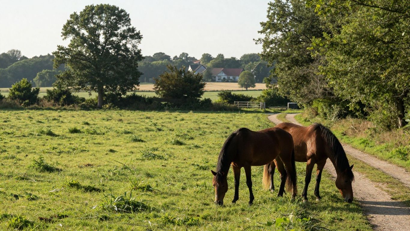 Chevaux dans une prairie arborée près de Massy