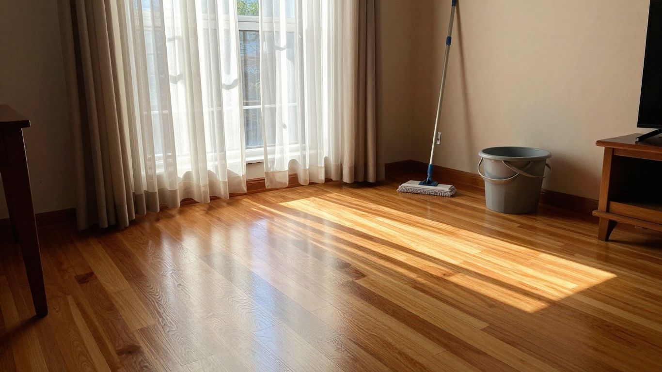 Clean floor with open window and sunlight.