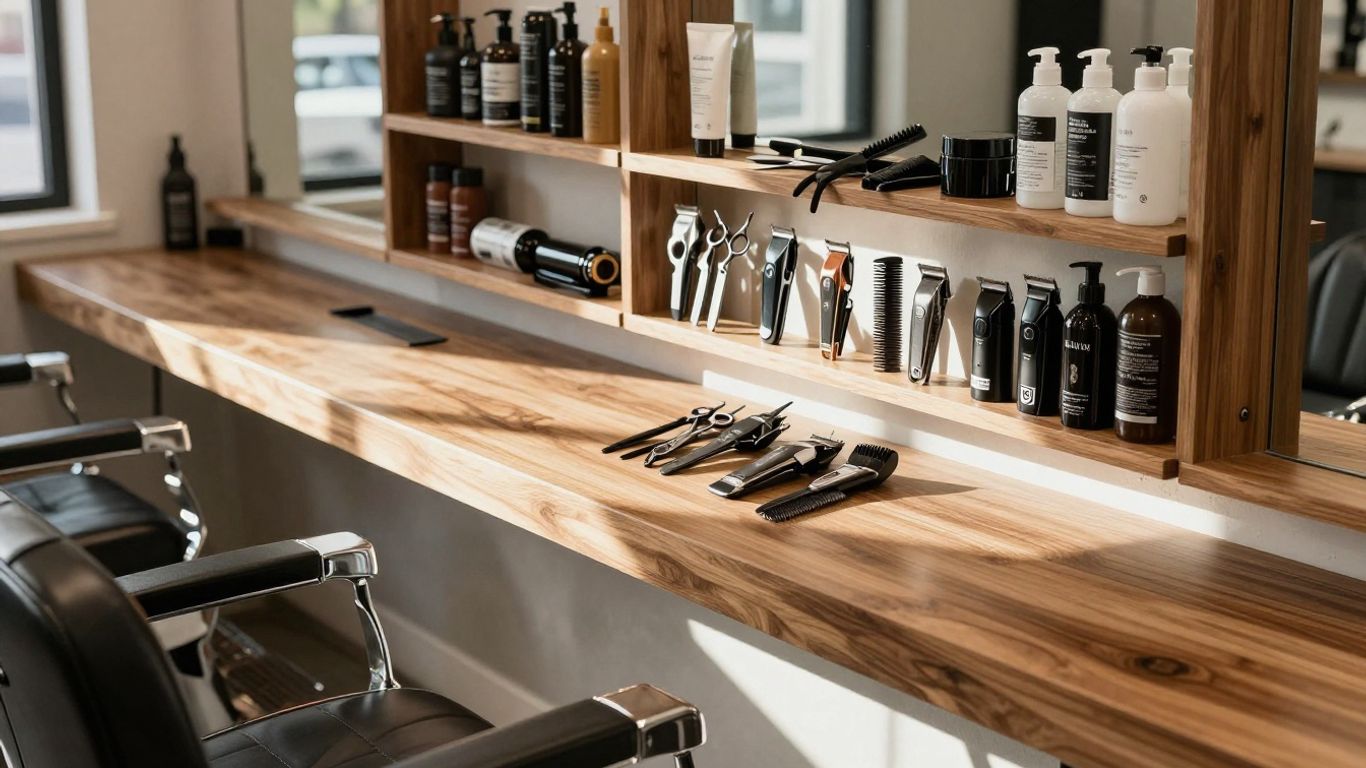 Barbershop supplies neatly arranged on shelves.