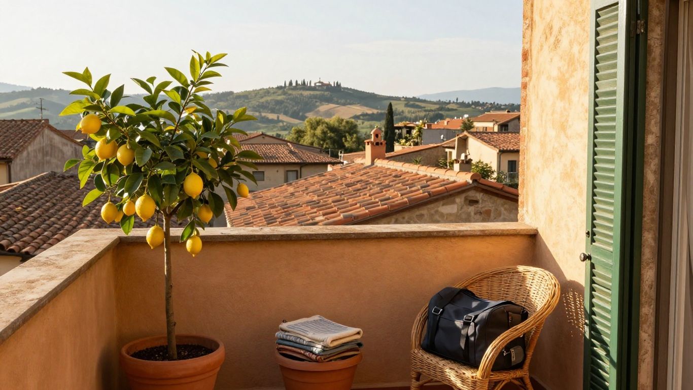 Sunlit Italian apartment balcony overlooking rooftops