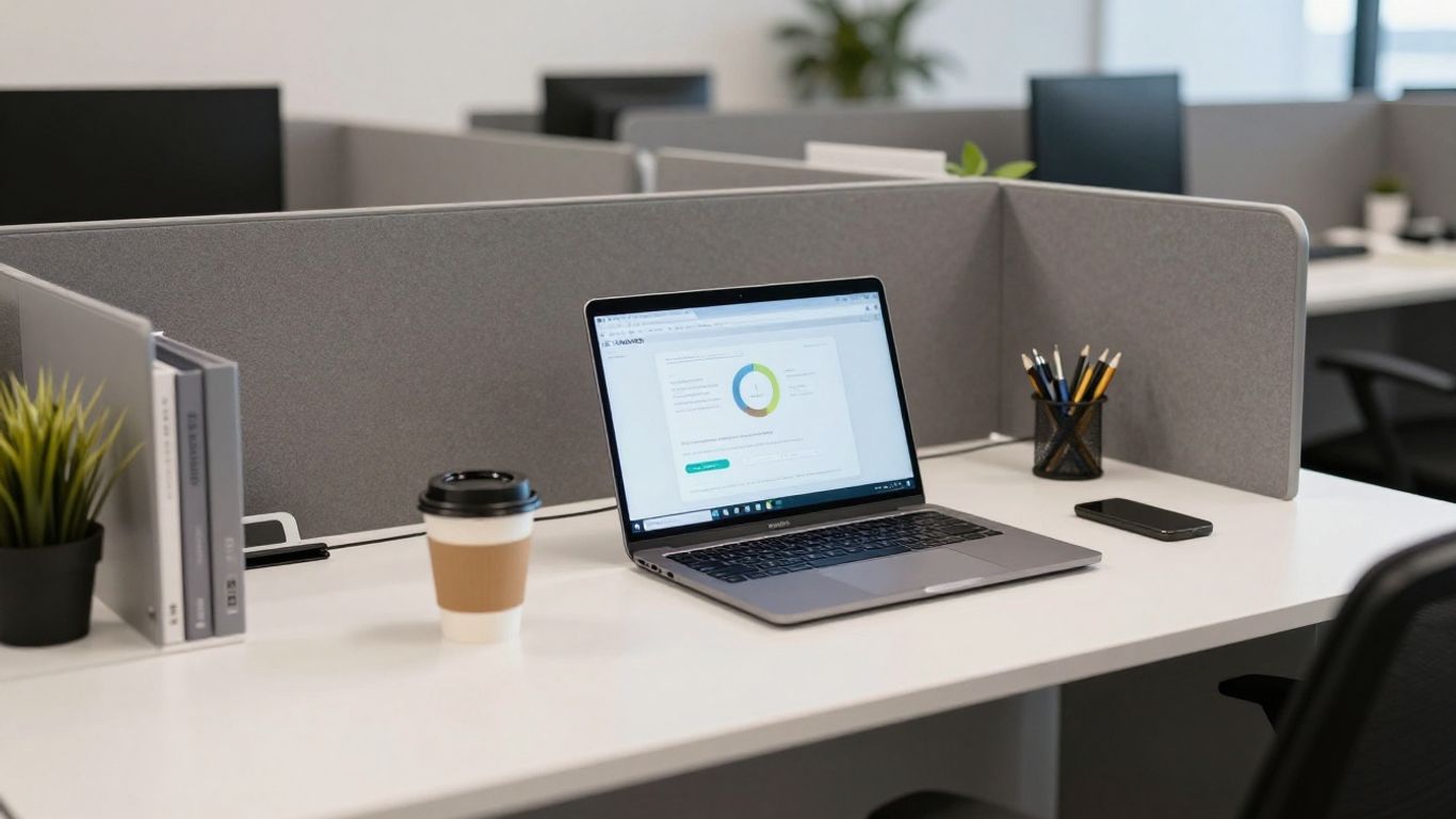 A clean office desk with laptop and coffee