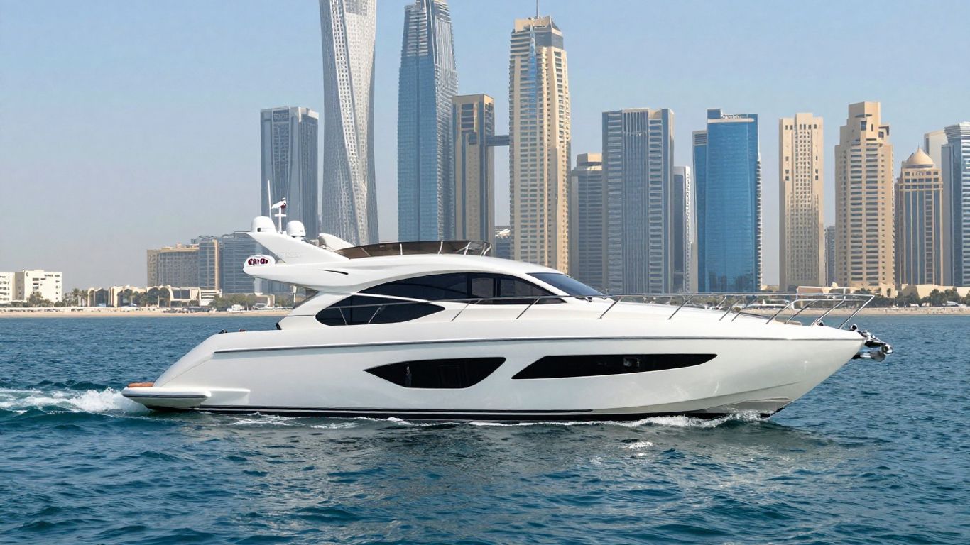Luxury motor yacht sailing in Dubai waters.