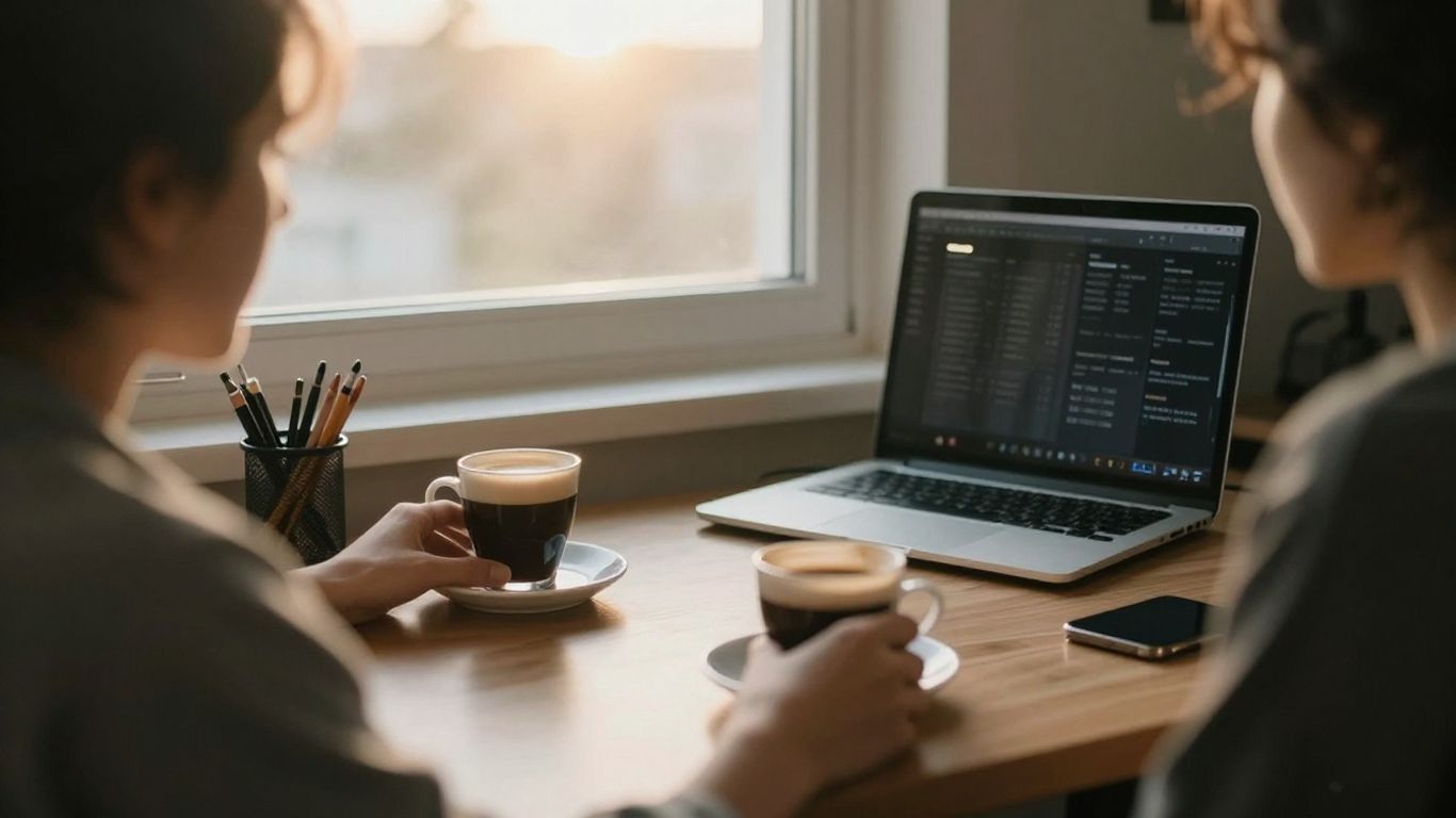 Personne buvant du café au lever du soleil, bureau organisé.