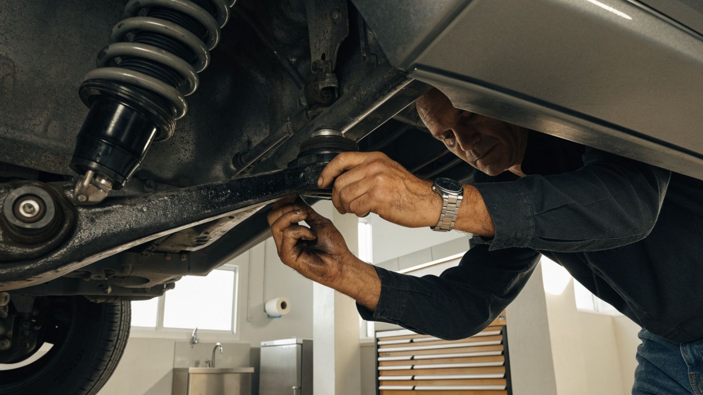 Mechanic checking suspension components and steering joints