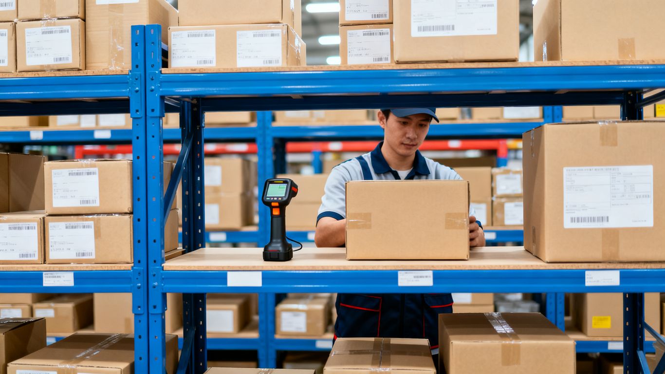 Amazon fulfillment shelves with packaged orders