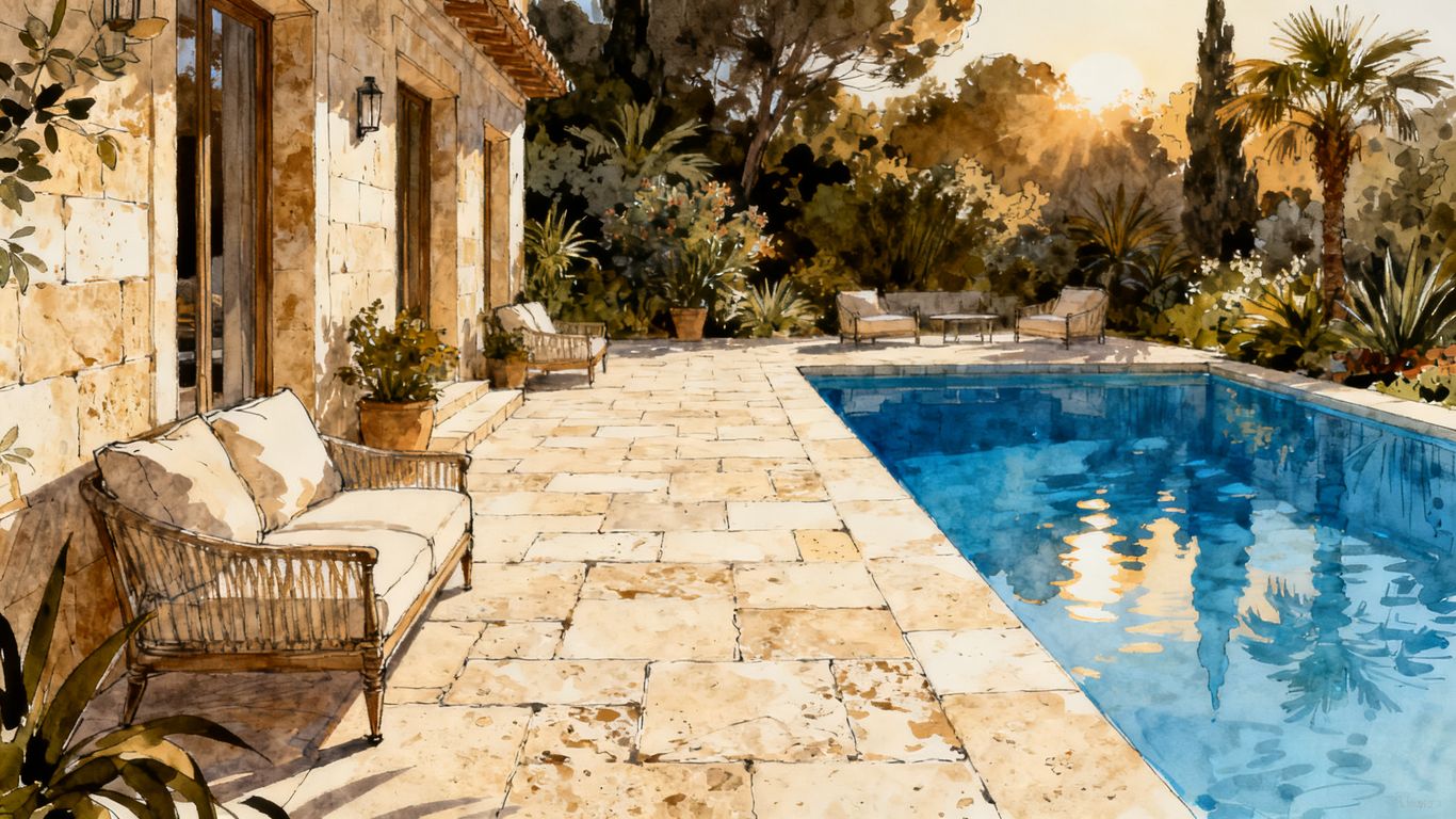Warm travertine patio beside a bright pool