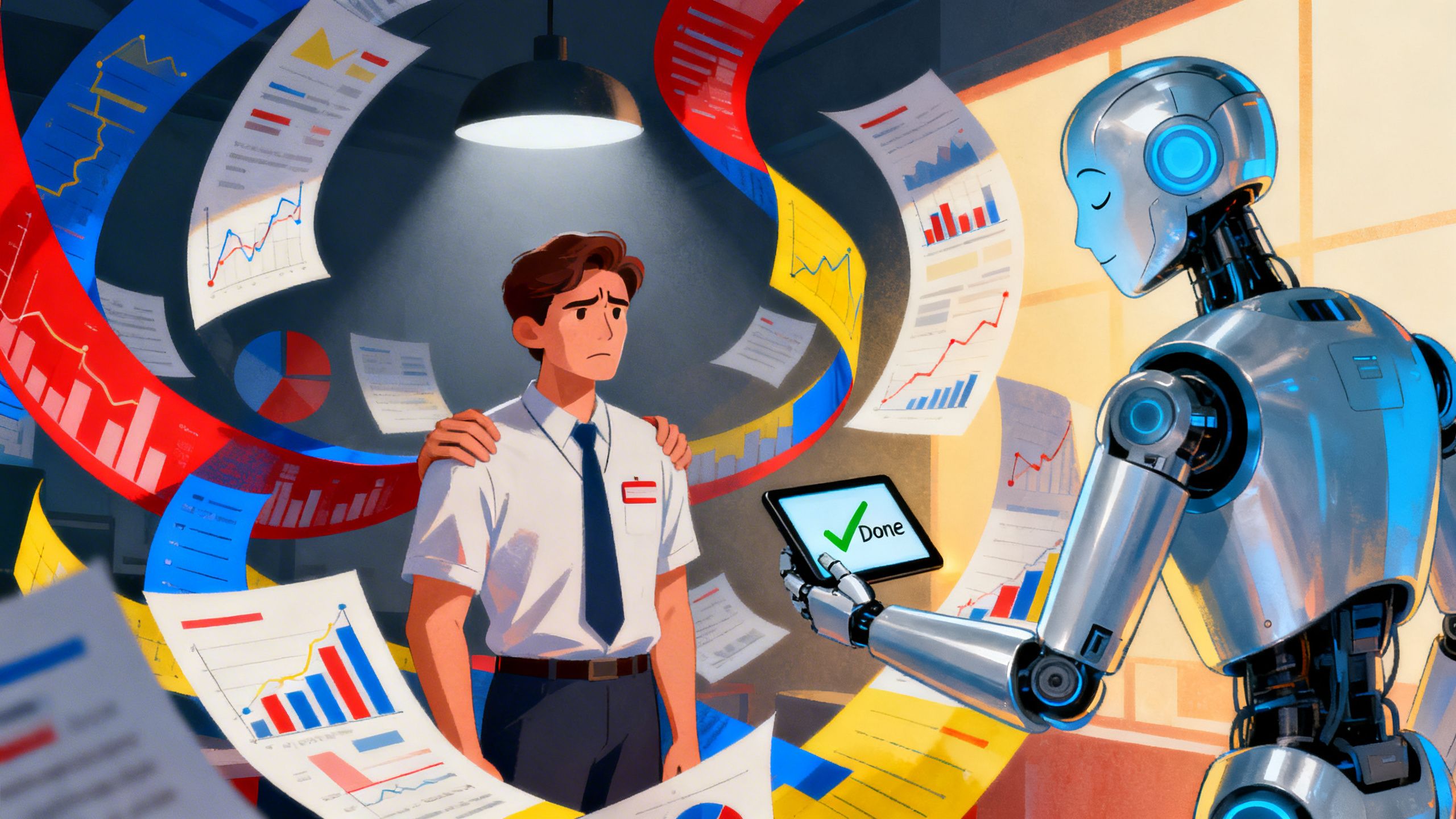A stressed eCommerce seller surrounded by chaotic charts and graphs, with a serene AI robot offering a simple solution