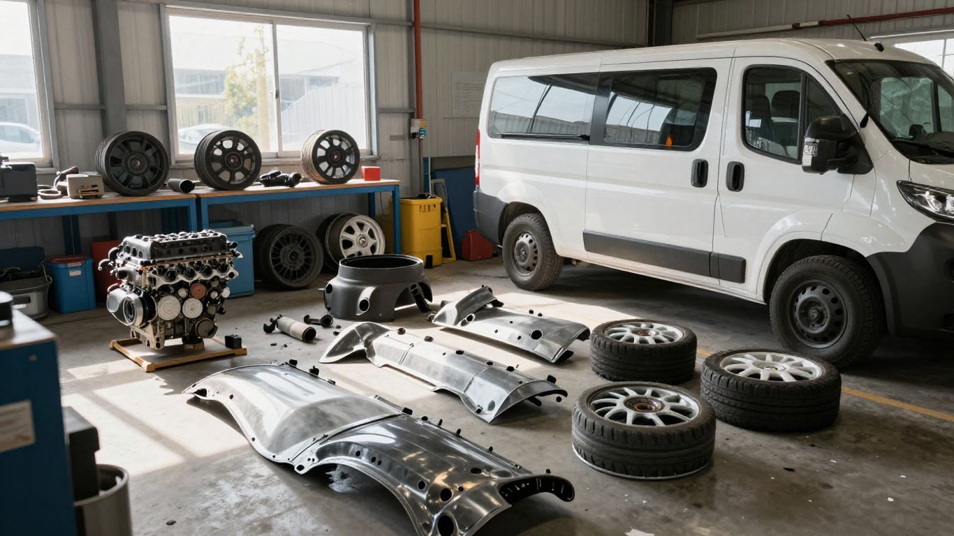 Fiat Ducato van parts in a workshop