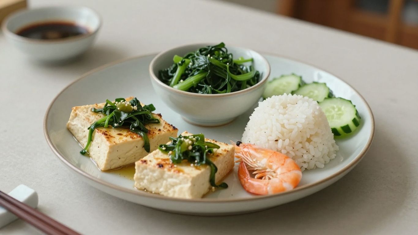 Balanced plate with rice vegetables protein
