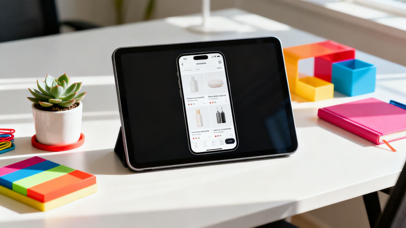A vibrant, modern office desk with a digital tablet showing a minimalist and clean mobile product listing page layout.