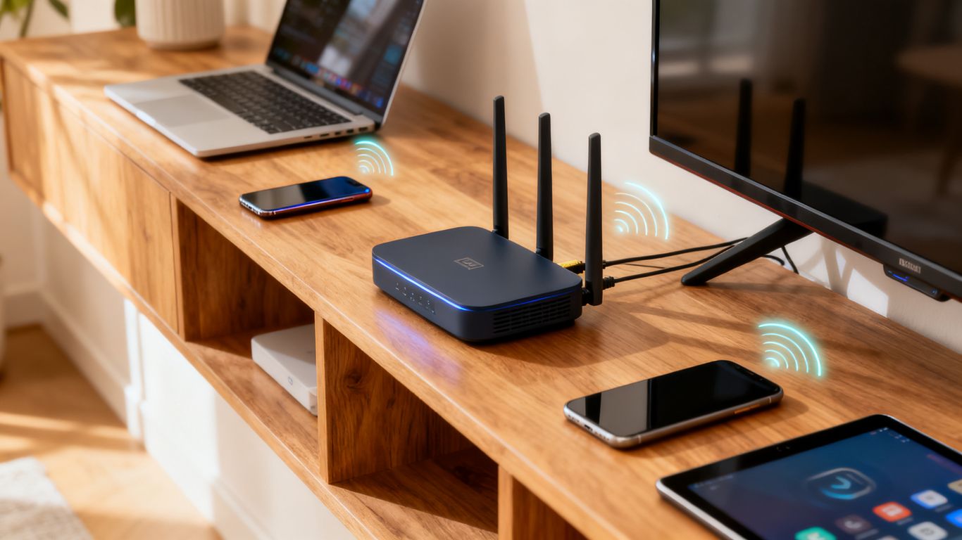 Router doméstico junto a dispositivos conectados