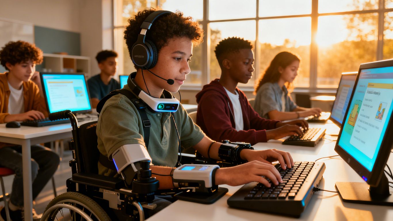 Diverse students using assistive tech in a bright, inclusive classroom.