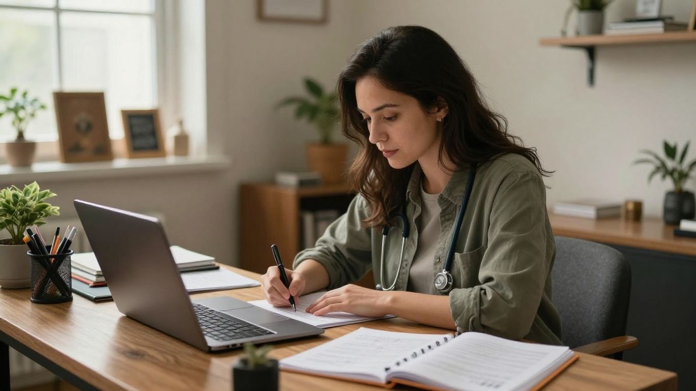 Behavioral health clinician reviewing notes at a quiet office desk