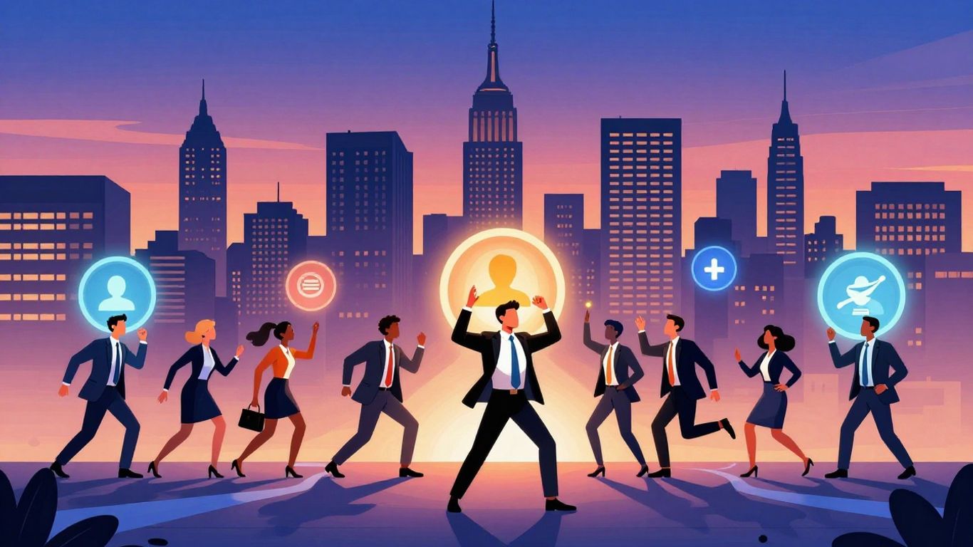 NYC skyline with diverse professionals pursuing entertainment careers.