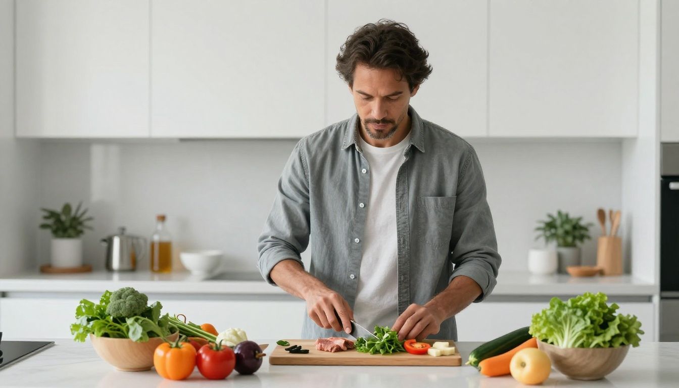 A diverse man in his 40s stands in a bright, modern kitchen, thoughtfully preparing a healthy meal with fresh vegetables and lean protein, embodying a proactive approach to metabolic health.