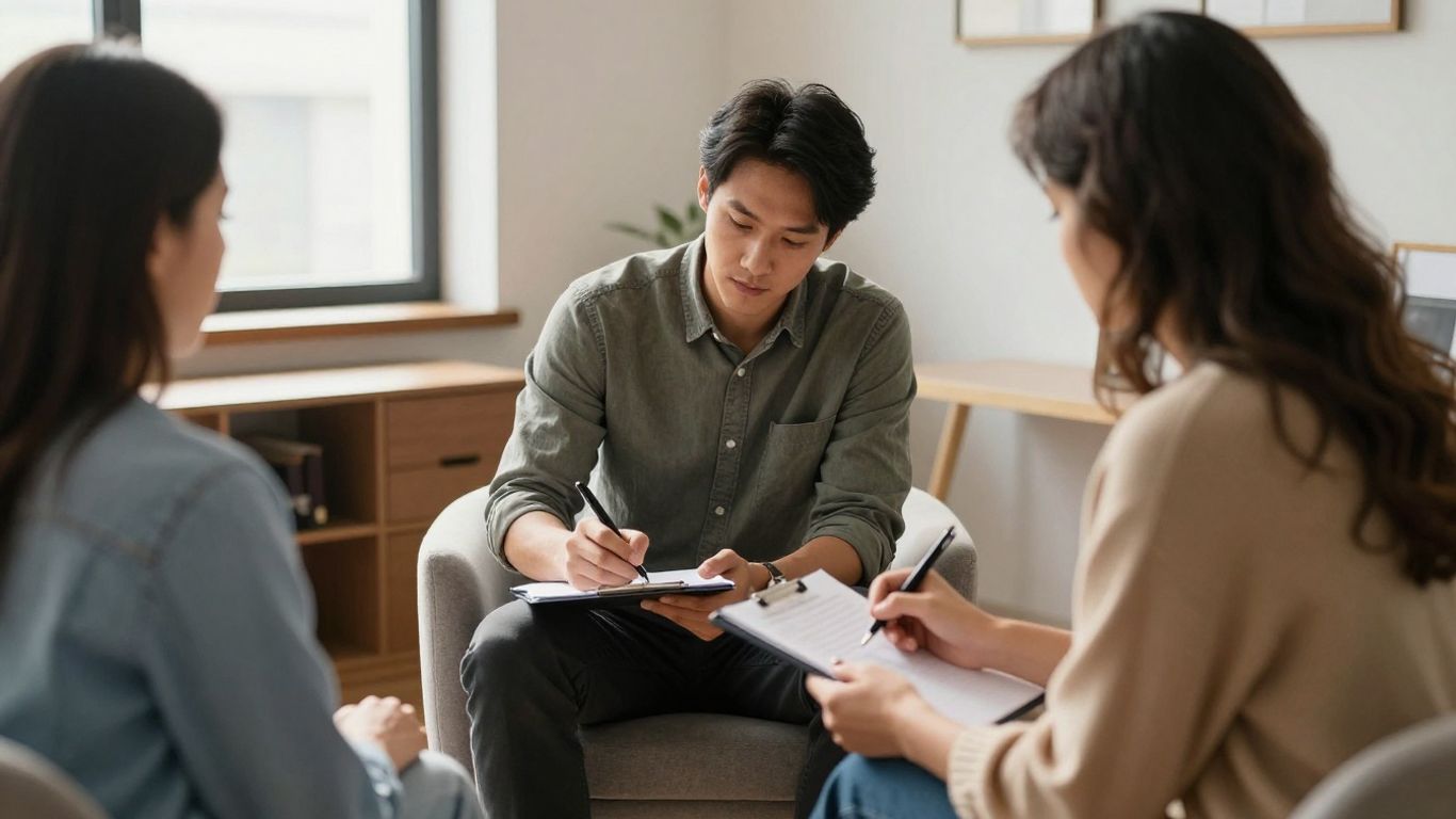 A professional therapist interacting with a patient during session