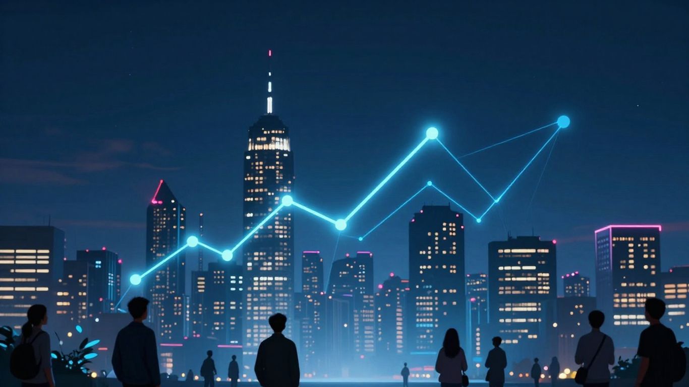 Digital cityscape with glowing connections and diverse people.