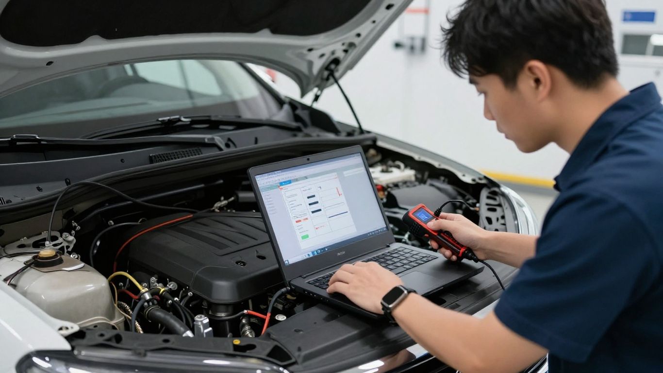 Technician scanning diesel engine beside diagnostic laptop