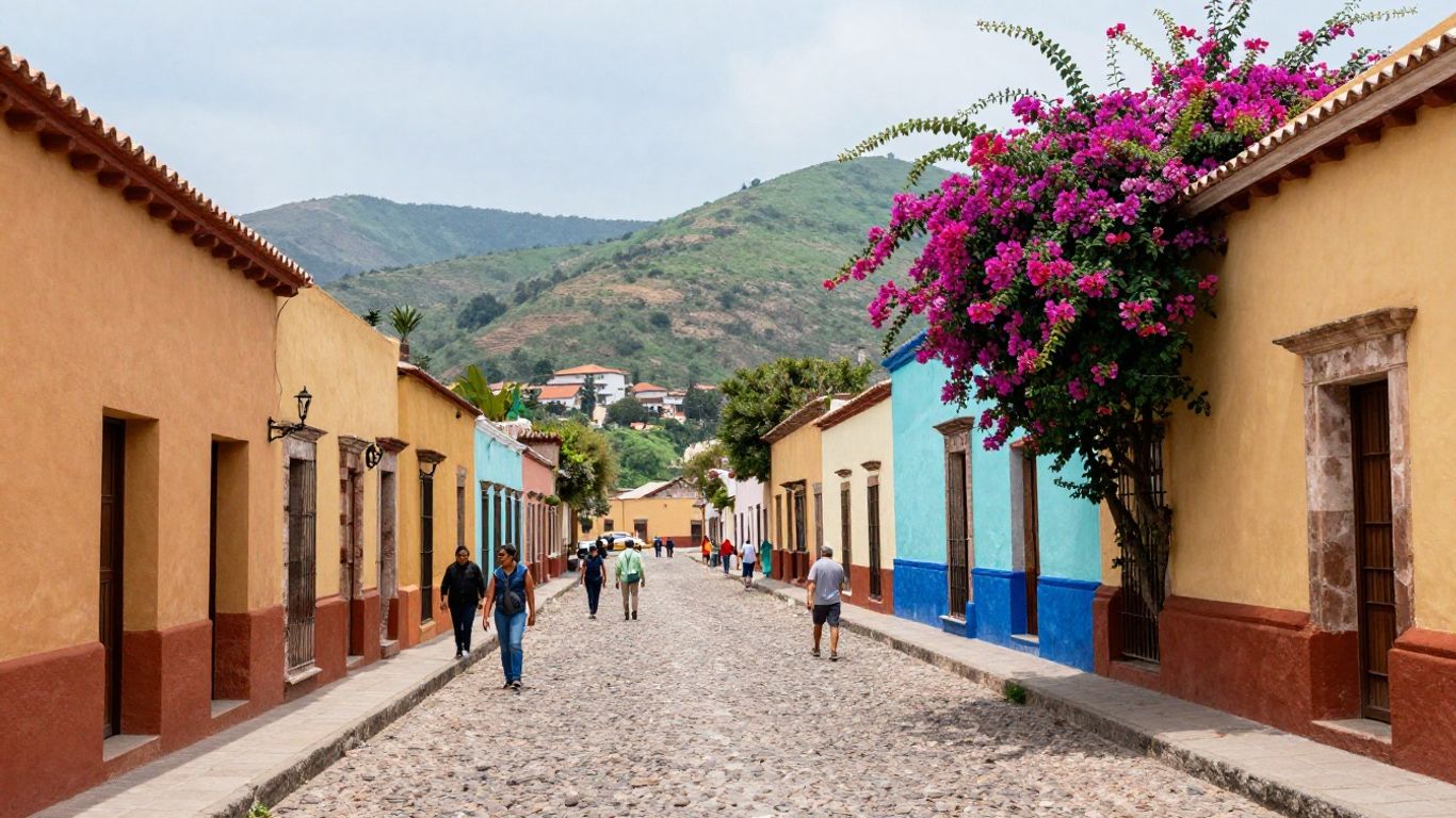 Calle empedrada con fachadas coloridas en México