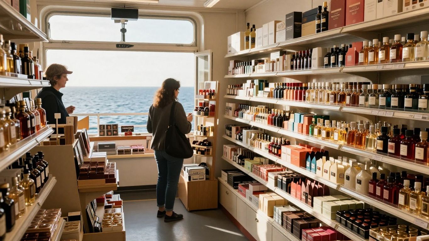 DFDS ferry shop interior with duty-free goods.