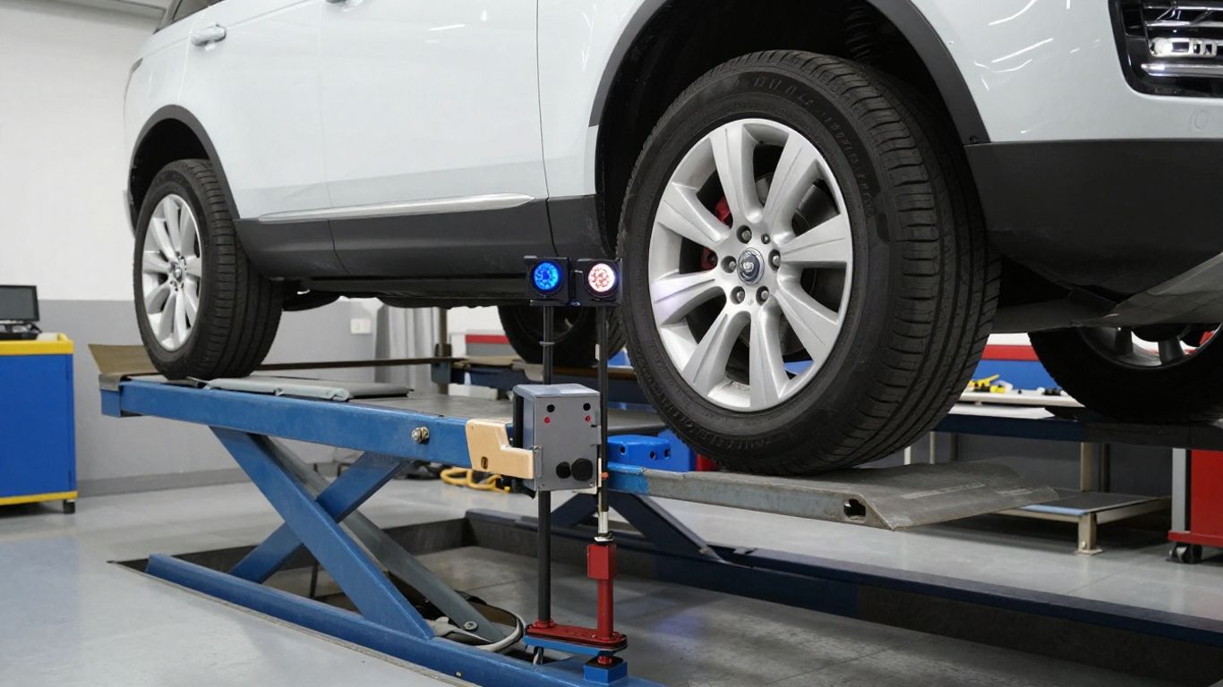 Technician measuring Land Rover wheel alignment