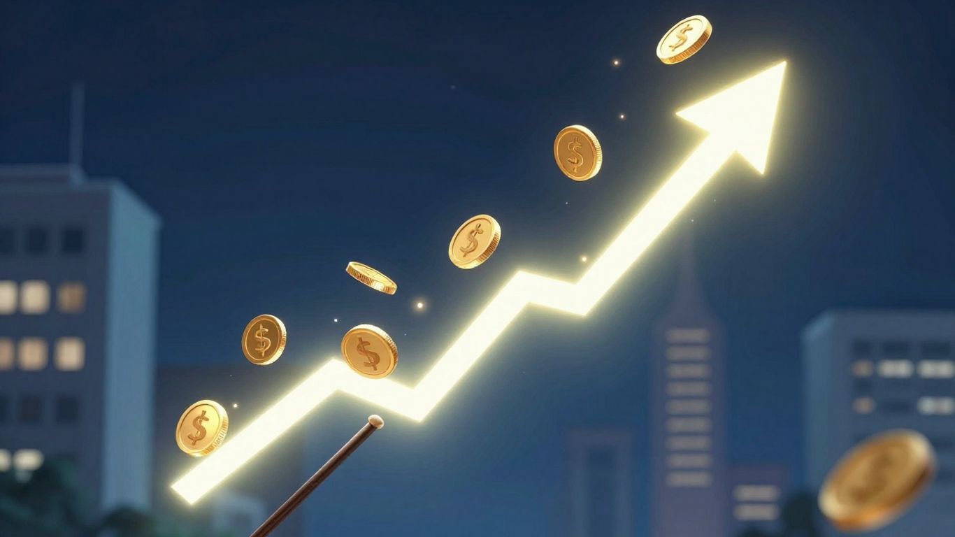 Magical wand creating upward arrows and coins for business growth.