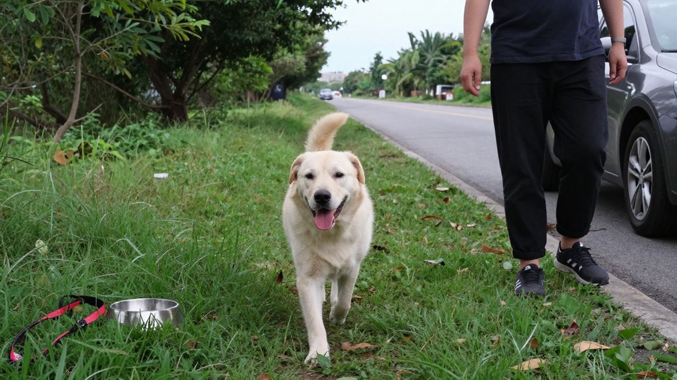 Dog and owner enjoying a planned roadside walk