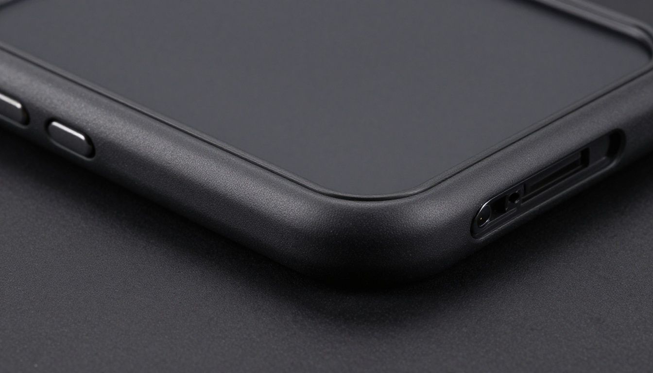 A close-up view of the corner of a protective phone case, highlighting its textured material and shock-absorbing design