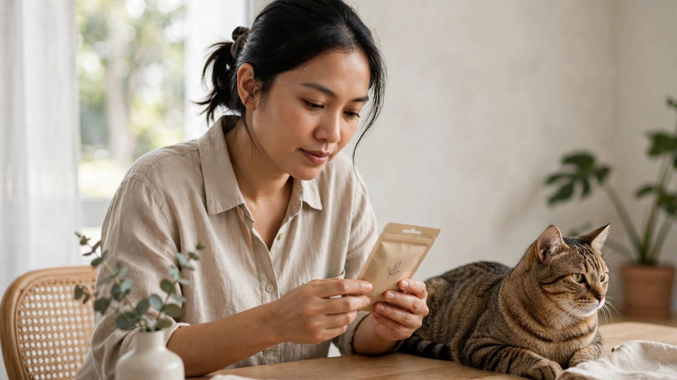 Cat owner comparing diffuser packaging beside a relaxed cat