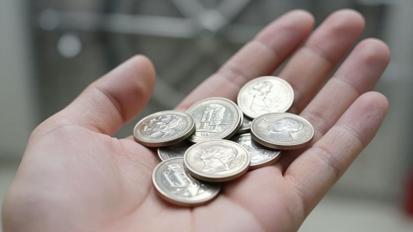Main d'homme tenant des pièces et des lingots d'argent.