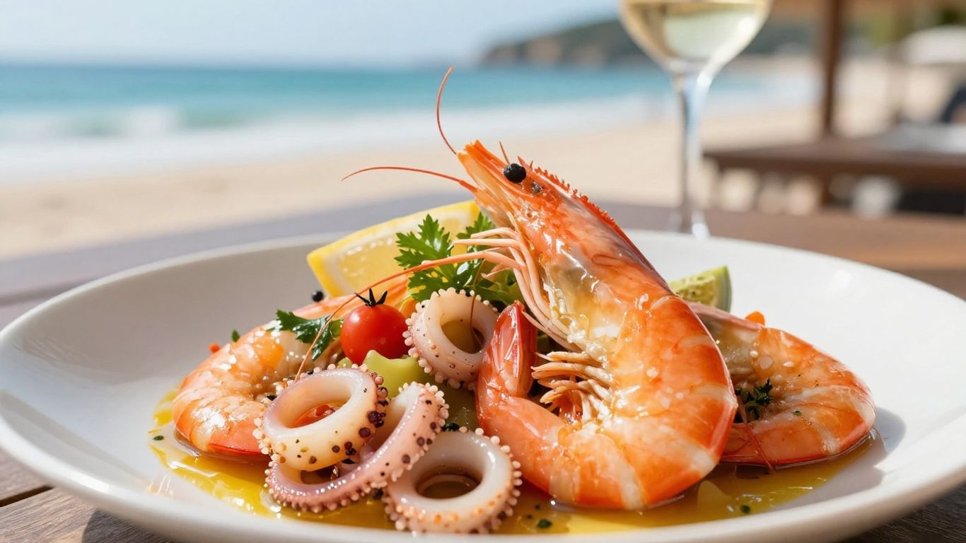 Greenmount Surf Club seafood platter with beach background.