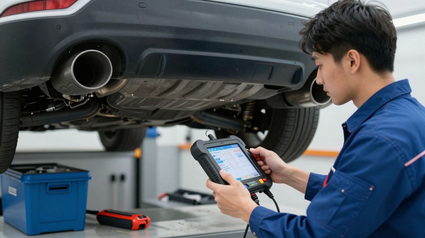 Mechanic inspects an exhaust system with specialized tools