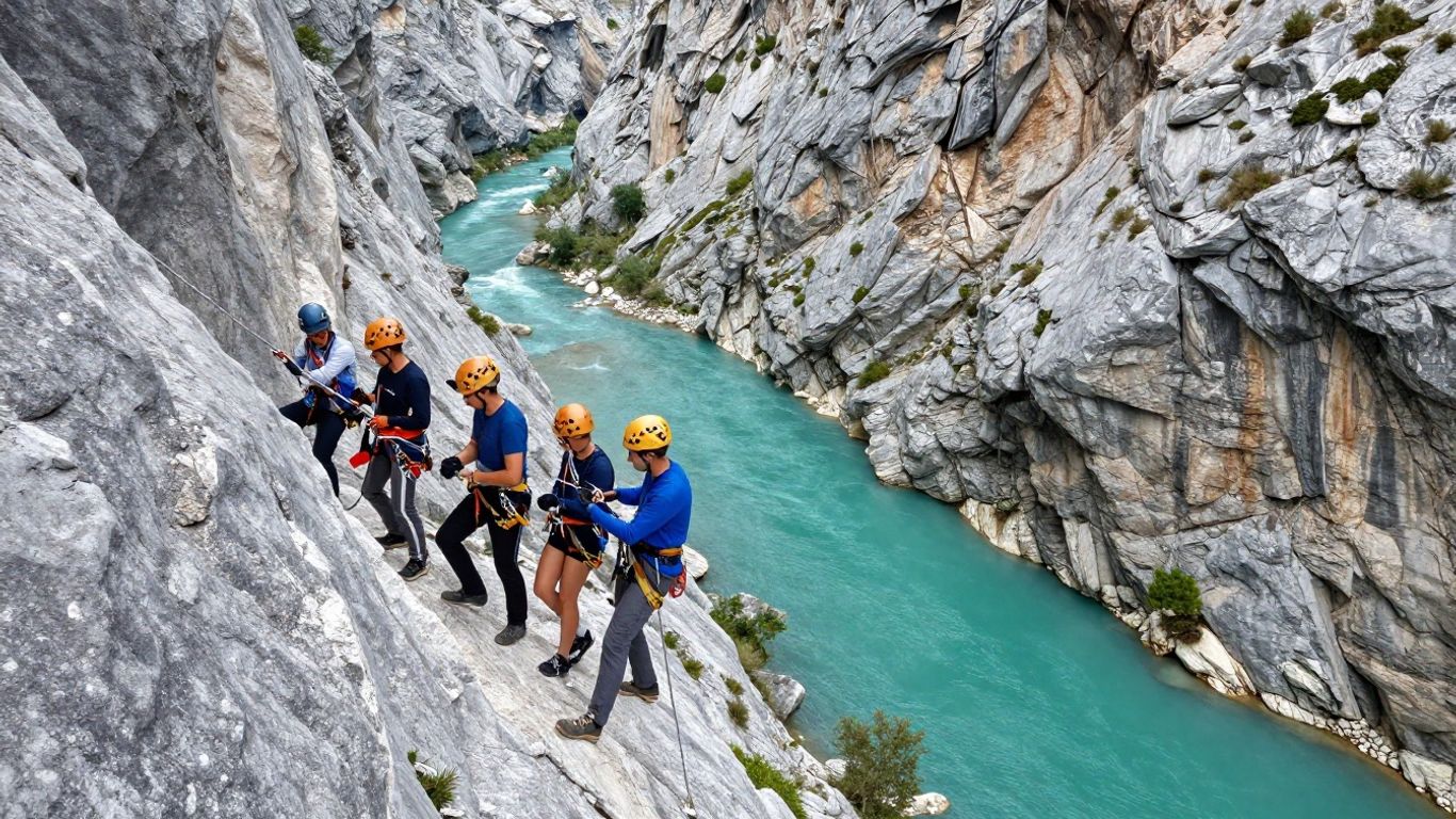 Guided climbers wearing helmets on canyon route