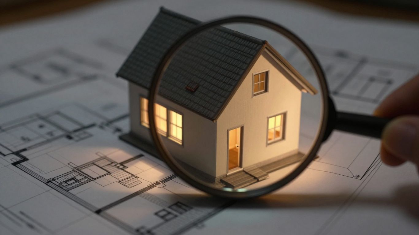 Casa con lupa sobre planos, seguro de hogar.