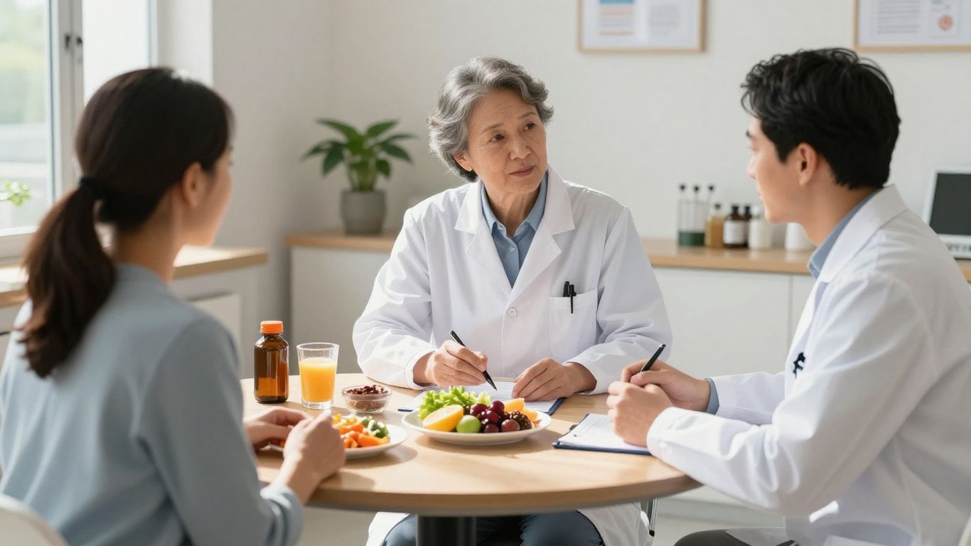 Nutricionista em consulta com paciente em clínica moderna.