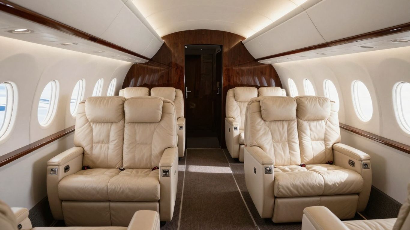 Luxurious private A380 jet interior with plush seating.
