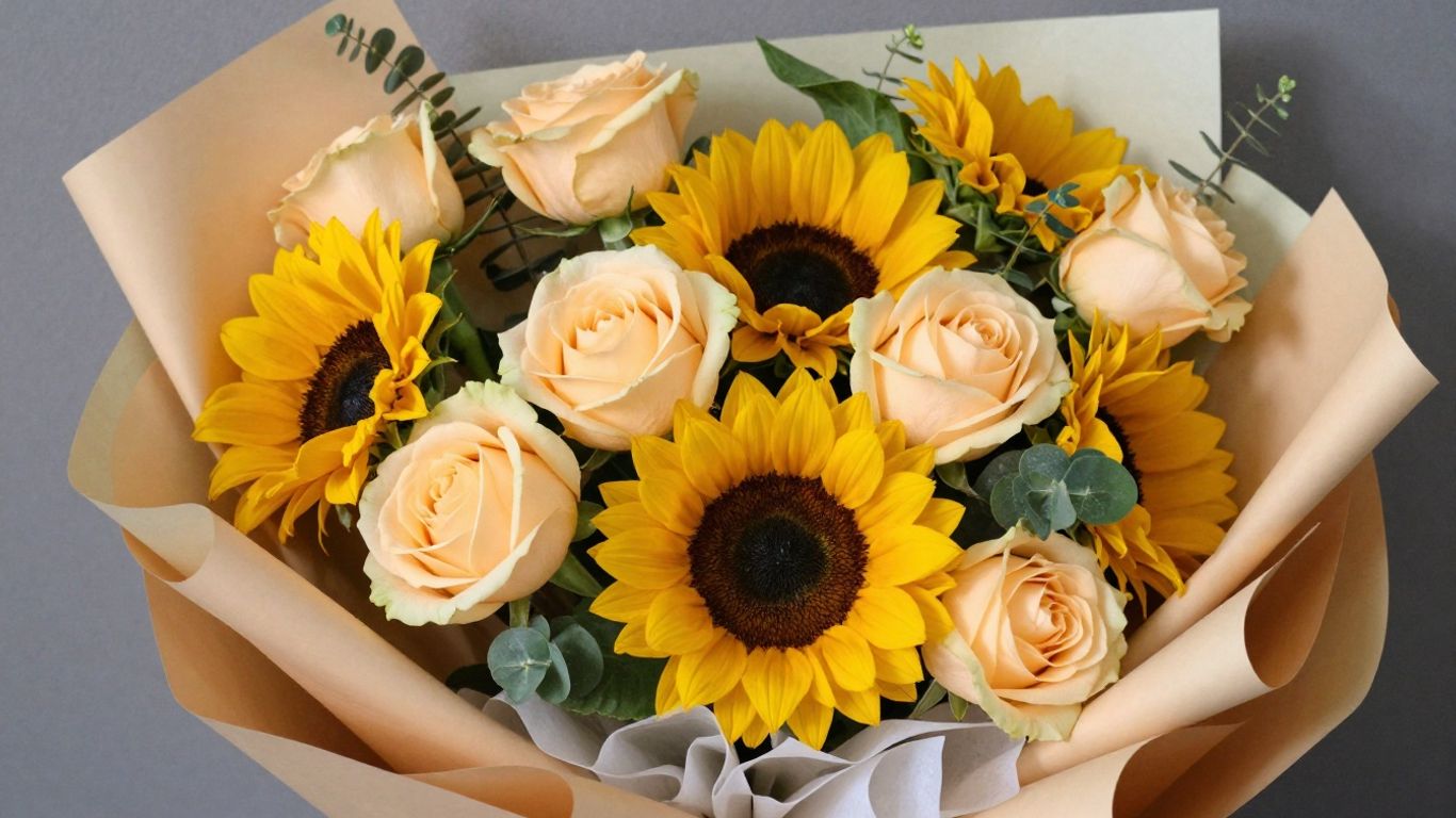 Warm bouquet of sunflowers and roses for a birthday.