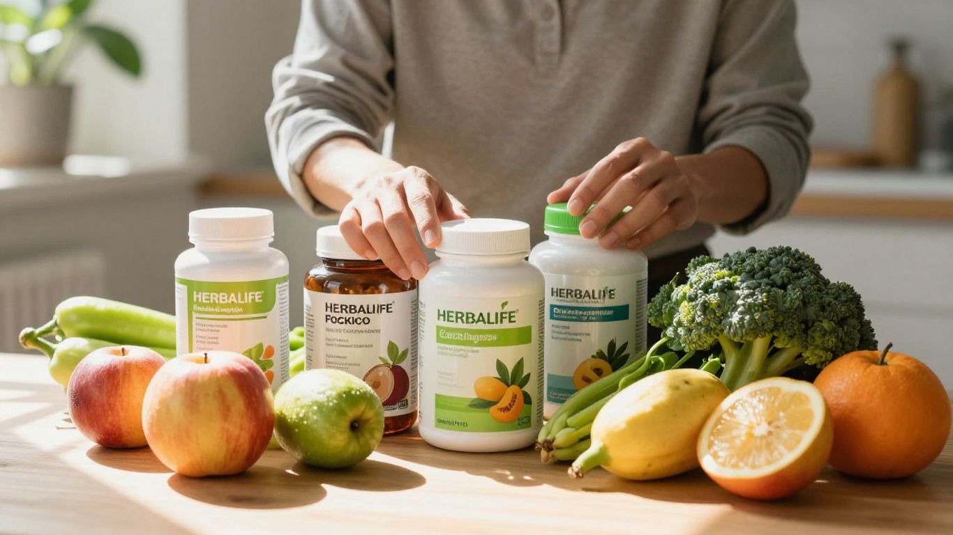 Herbalife products with fresh fruits and vegetables.
