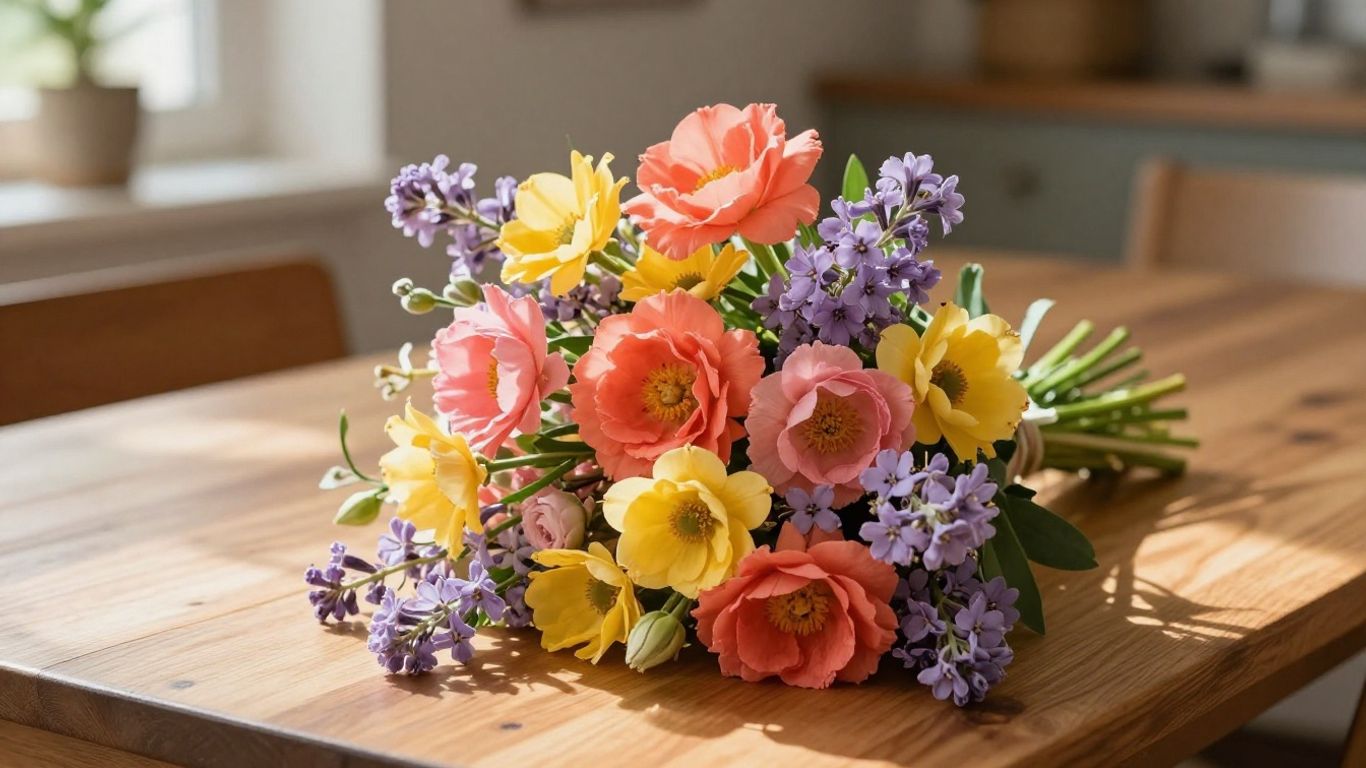 A fresh colourful bouquet on a table