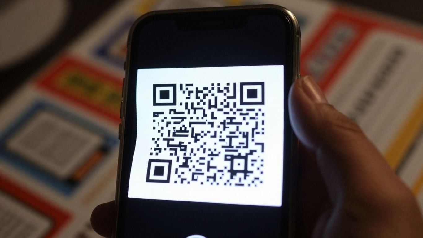 Smartphone scanning a QR code on printed material.