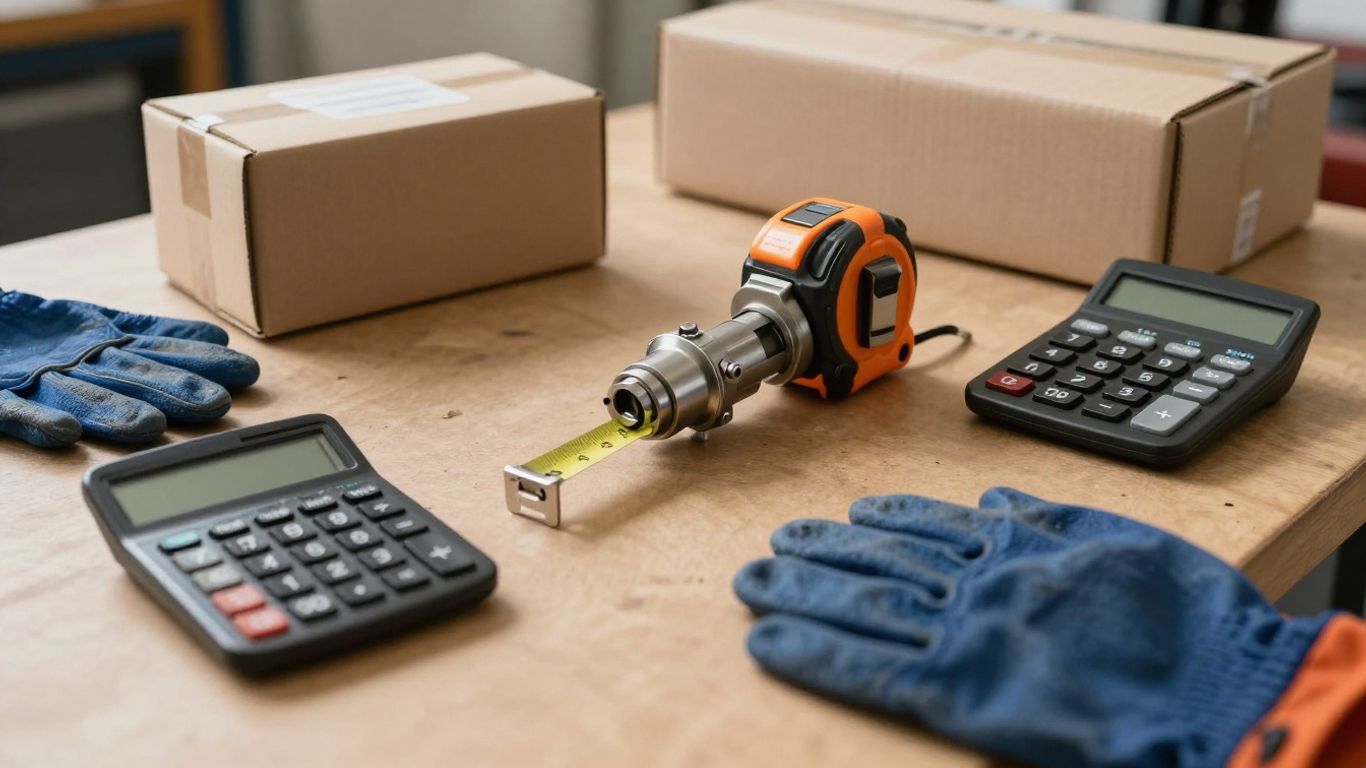 Boxes of automotive parts beside calculator and tools