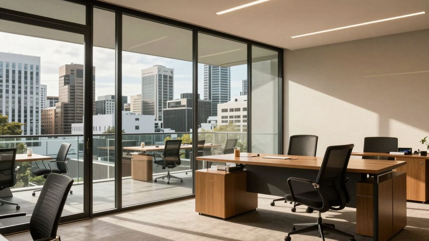 Modern office overlooking coastal cityscape