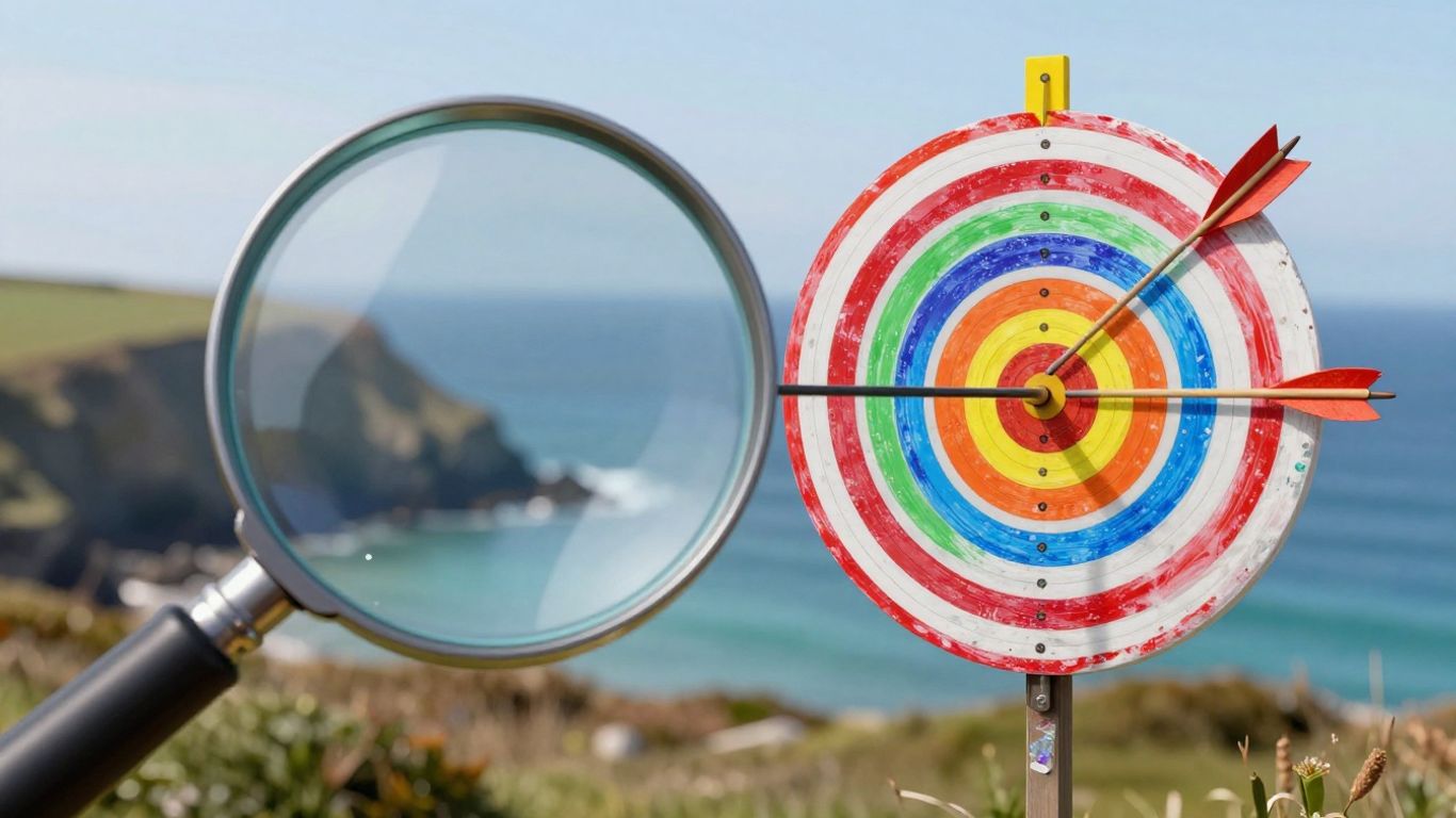Cornish coast with SEO and PPC icons.