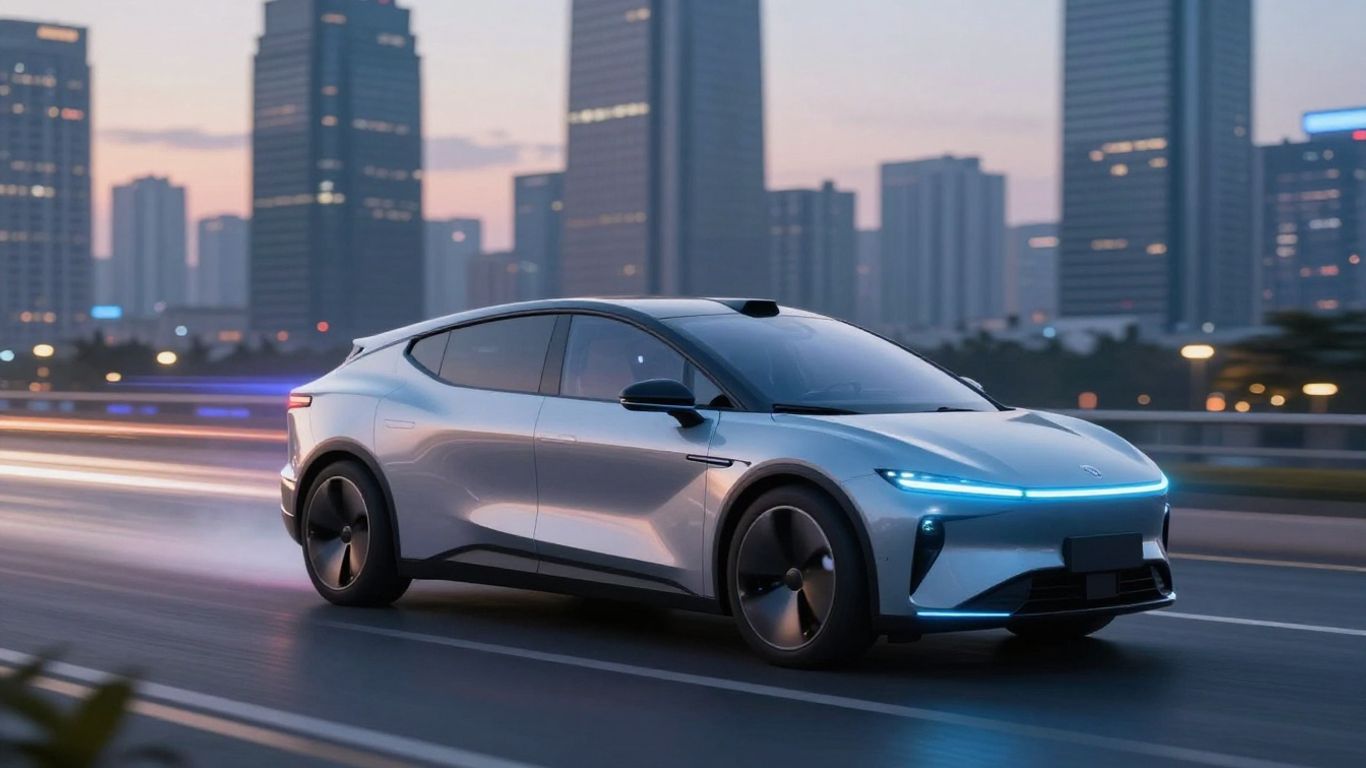 Futuristic tow truck pulling an electric car at dusk.