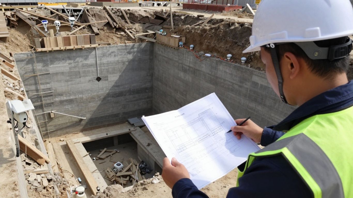 Engineer reviewing ERSS drawings at construction site