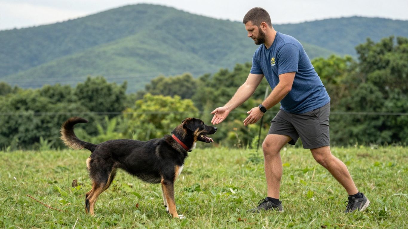 Dog and trainer in outdoor board and train session.