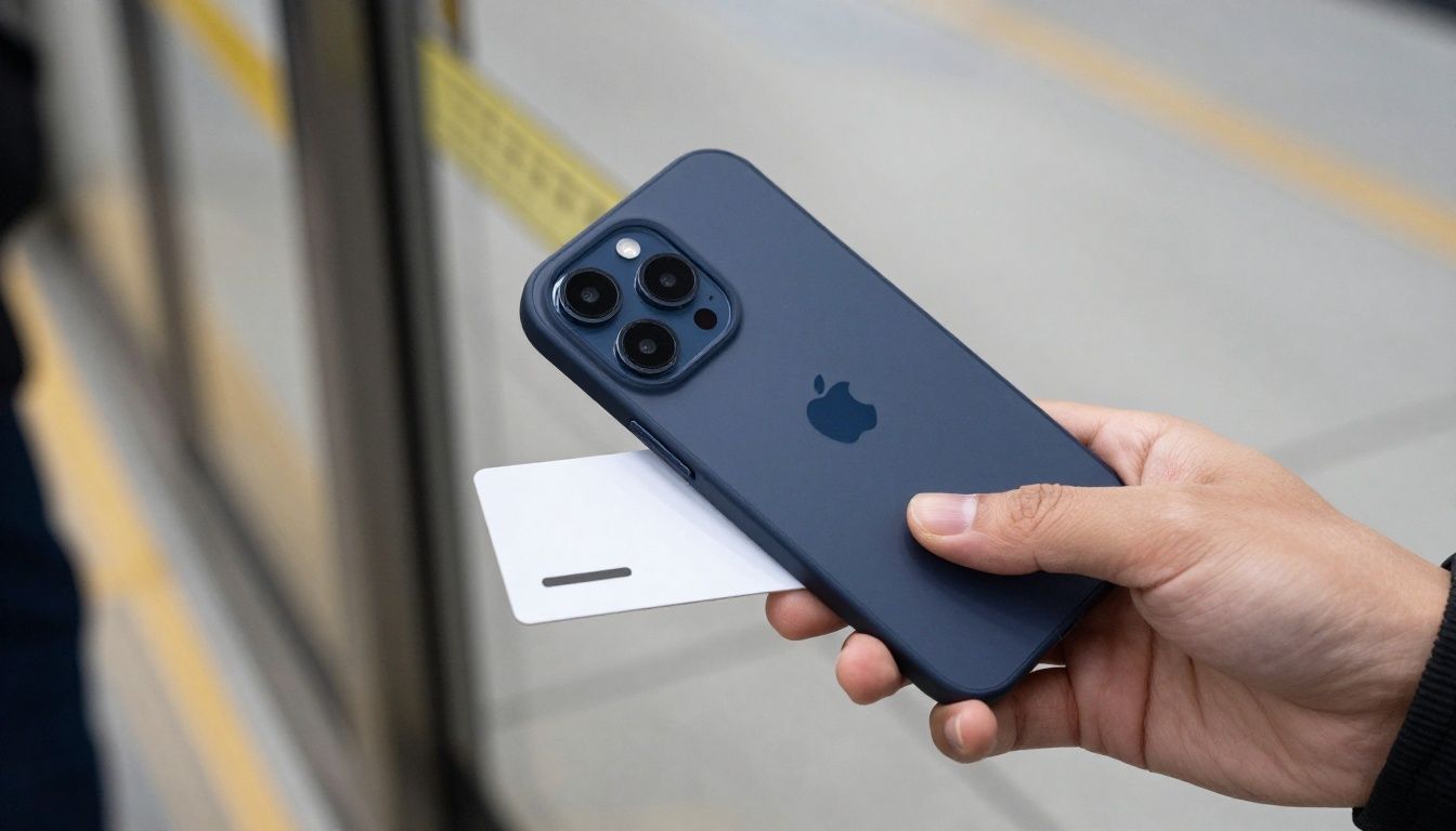 A person sliding their public transport card out of the back of a slim, dark blue iPhone 14 Pro Max wallet case to tap on at a train station gate.