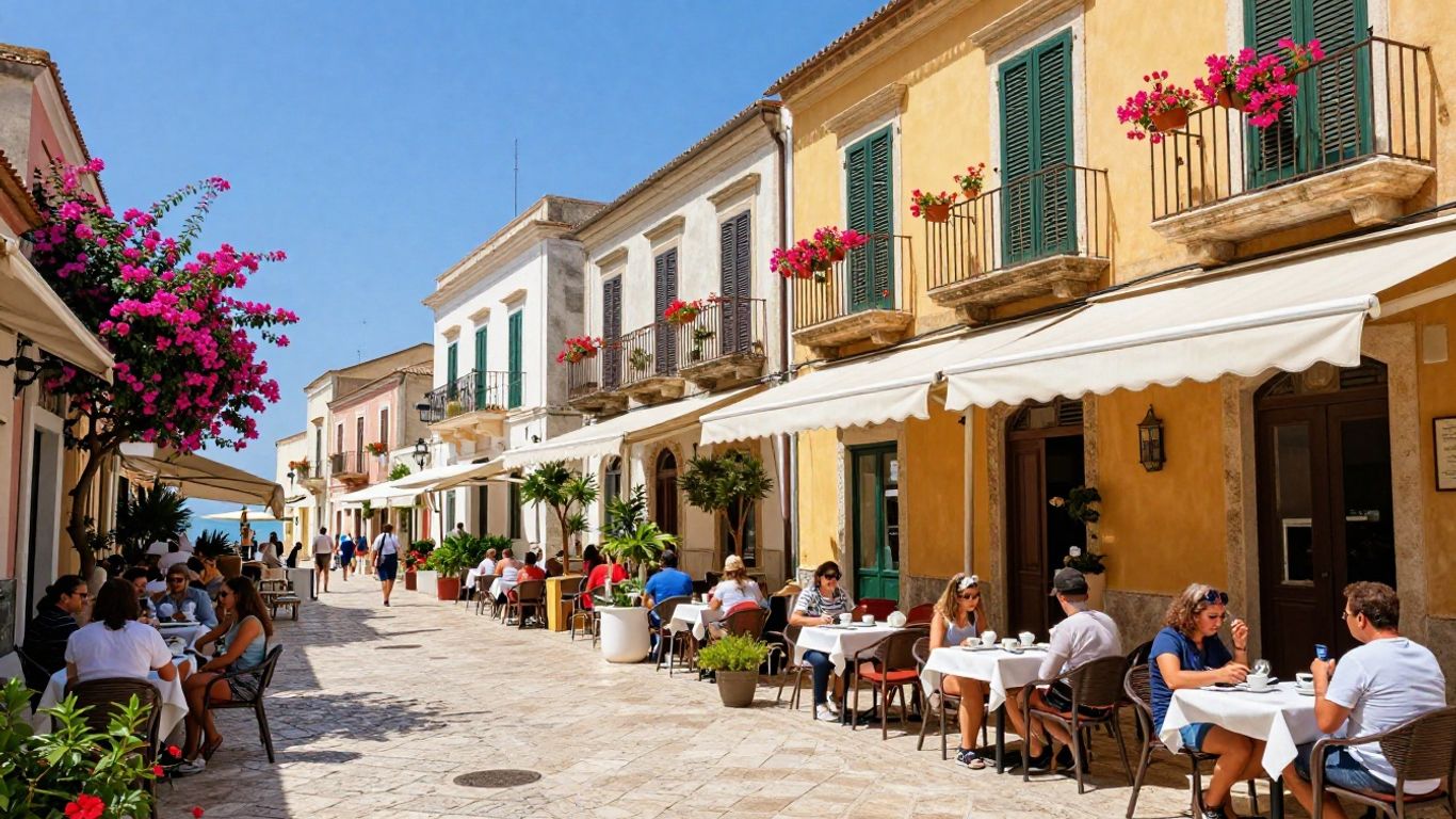 Piața din Salento cu cafenele și clădiri colorate